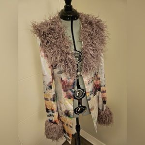 elsie & fred cherub print faux fur satin marla jacket size xs